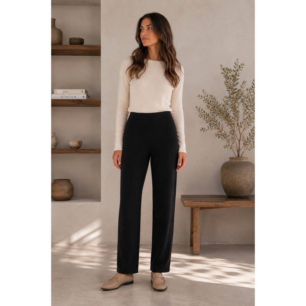 Eileen Fisher Petite PS Black 100% Wool Pull On Straight Leg Knit Pants